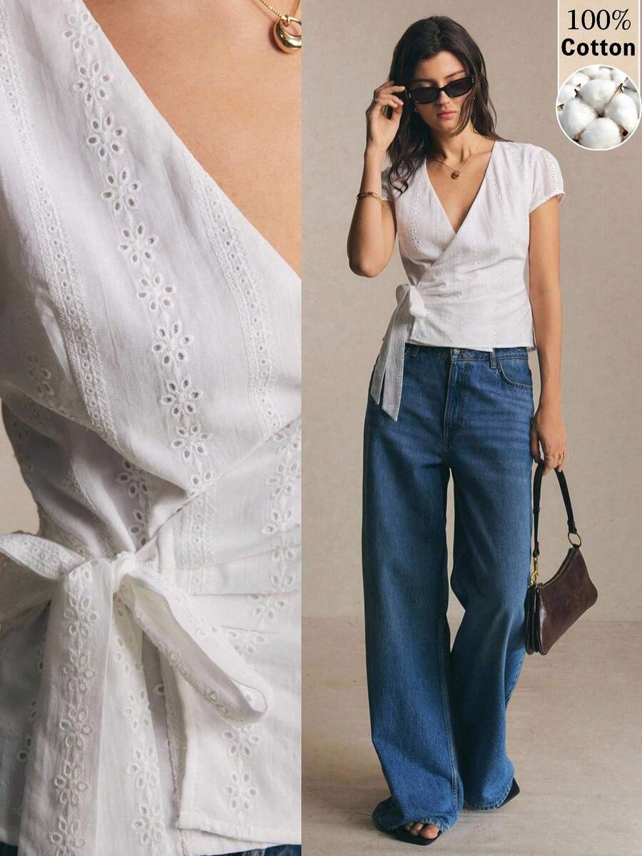 Poéselle 女款棉質V領刺繡上衣，白色花卉，夏季優雅度假風，百搭日常穿搭上衣，適合海灘、鄉村音樂會、上班