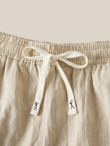 VeloEdit Short en lin décontracté pour hommes, couleur unie avec cordon de serrage à la taille, tissé, kaki, convient pour l'été pour les hommes, avec poches, vieux style, cadeau de la fête des pères pour le père et le petit ami, tenues - Kaki - Voir 3