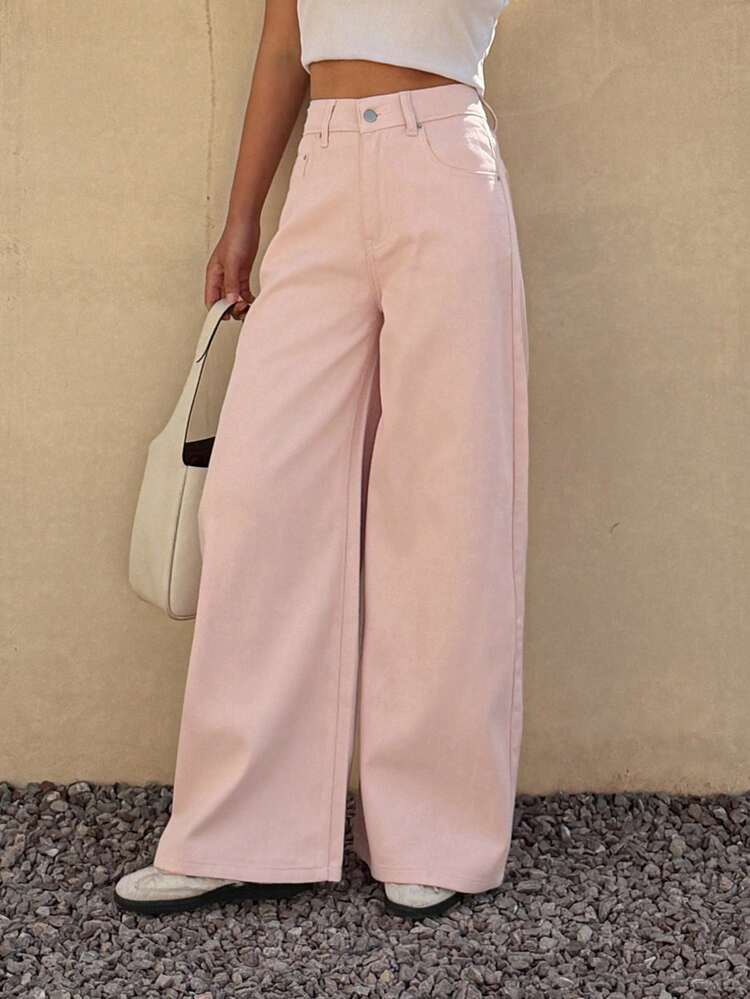 Women's Loose Straight Leg Jeans, Pink Vacation Style