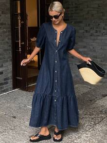 Dazy Tall Vestido vaquero de manga corta y cuello redondo para vacaciones, vestido de sol para mujeres - Azul lavado oscuro - Ver 3