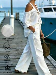 EMERY ROSE Women's Solid Color Off-Shoulder Tie Front Shirt And Pants Casual 2-Piece Set - White - View 1