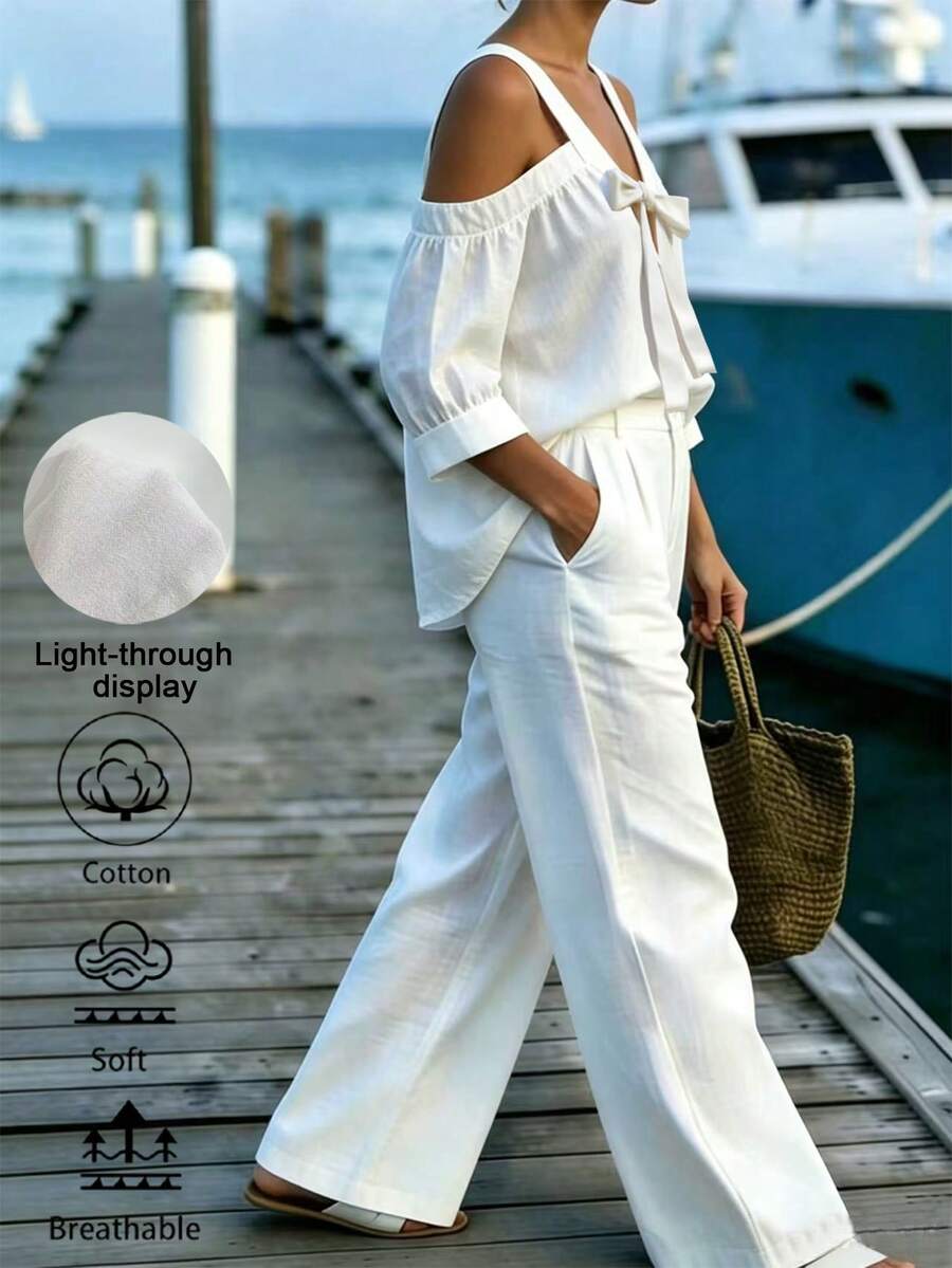 EMERY ROSE Women's Solid Color Off-Shoulder Tie Front Shirt And Pants Casual 2-Piece Set - White - View 1