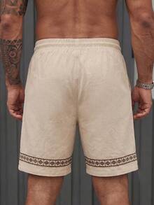 Manfinity RSRT Men's Drawstring Waist Woven Belt Design Shorts, Suitable For Vacation, Holiday - Khaki - View 2