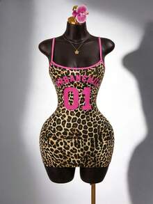 SaltGleam SaltGleam Women's Pink Cheetah Print Summer Bodycon Mini Dress,Spaghetti Strap Leopard Print & Letter Graphic Color Block,Cow Boy Club Night Out Clubwear - Multicolor - View 1