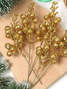 4PCS Artificial Glitter Plant With Berries , Cute Christmas Tree Decoration Ornament Cut Branches, For Living Room And Bedroom , Wedding, Party, Home Decoration, Desk Stuffing.Christmas Supplies, Home Decor,Table Decor,Outdoor And Indoor Christmas Decor - Gold - View 5