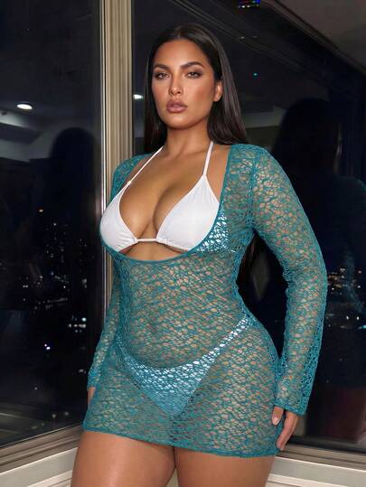Swim SXY Plus Size Women Solid Color Hollow Design Long Sleeve Coverup Dress