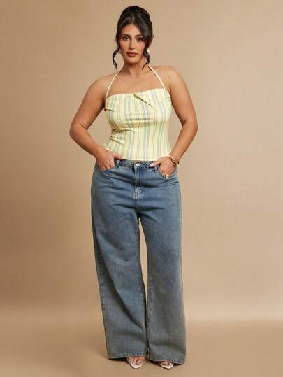 SHEIN BAE Plus Size Women Striped Lapel Cropped Top Vest,Chic Summer Halter Neck Striped Crop Top And Jeans Outfit For Women
Women's Casual Striped Halter Top With Collared Detail And Denim For A Two Piece Outfit
Yellow Striped Halter Neck Crop Top Matched With Blue Jeans For A Complete Look