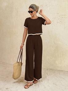 SHEIN Frenchy 女士度假休闲撞色滚边上衣和裤子两件套 - 棕色 - 查看 3