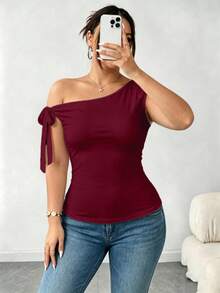 Elenzga Camiseta ajustada de mujer talla grande de unicolor elegante con cuello asimétrico, para verano - Burdeos - Ver 1