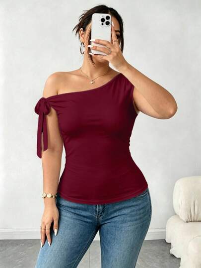 Elenzga Camiseta ajustada de mujer talla grande de unicolor elegante con cuello asimétrico, para verano