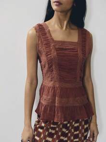 Nöista Sleeveless Top In Rust Brown With A Flattering Square Neckline And Ruffled Shoulder Straps.Smked Bodice Peplum Hem.Perfect For Dinners, Events, Chic - Brown - View 4