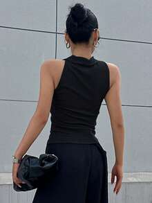 DAZY Solid Halter Top Tank Tops - Black - View 2