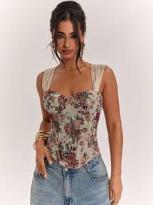 SHEIN BAE Blusa elegante de jacquard floral para mujer - Multicolor - Ver 4