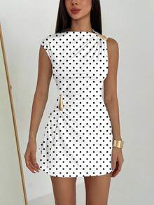 Aloruh Women's Polka Dot Print Metal Decor Ruched Hem Mini Skirt,Dresses For Women Summer - Black and White - View 6