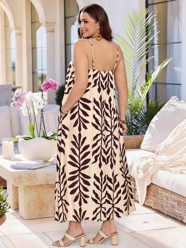Plus Size Women's Summer Casual Vacation Country  Vacation Plant Print Slip Dress,Suitable For Summer Vacation,Casual Holiday Style,Summer Outfits For Women ,Vacation Outfits Women ,Holiday Outfits For Women,Going Out Outfits, New Clothes,Simple And Fashionable For Everyday Wear,Suitable For Summer, Vacation, Daily Wear, Festival Outfits For Women,Country Concert Outfit,Beach Outfits For Women,Western Style,Flowy Dress,Boho Dress