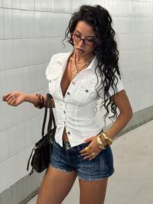 StreetHx Streetwear Women White Cargo Pocket Short Sleeve Shirt - White - View 4
