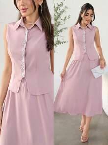 Modelyn Women's Rhinestone Embellished Top And Skirt Elegant 2 Pieces Set - Dusty Pink - View 3