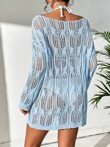SHEIN Swim 女士钩针镂空长袖罩衫连衣裙，度假款 - 淺藍色 - 查看 2