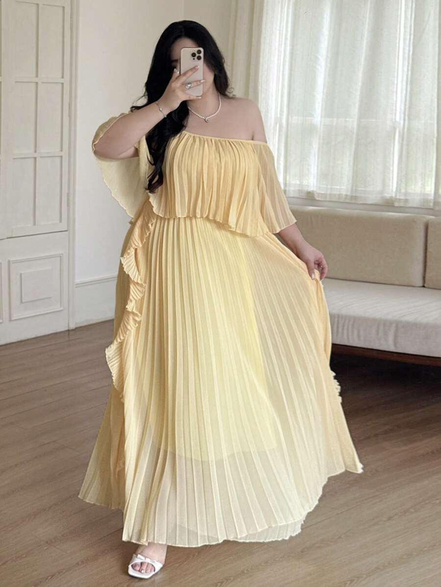 Vibekara Đầm maxi dáng chữ A thanh lịch kiểu Pháp, tay bồng xếp ly, trễ vai, thích hợp cho kỳ nghỉ, đi biển, tiệc cocktail, đám cưới, phù dâu, chất liệu chiffon màu vàng mỏng, cỡ lớn. - Màu vàng - Xem 1