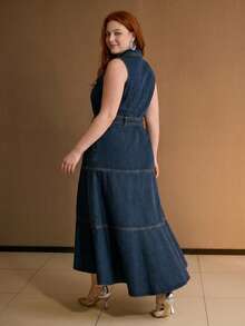 MOTF PREMIUM GAUN DENIM TANPA LENGAN DENGAN HEM ASIMETRIS UNTUK WANITA UKURAN BESAR, UNTUK KEHIDUPAN SEHARI-HARI/KENCAN, MUSIM SEMI/PANAS - Biru - View 4