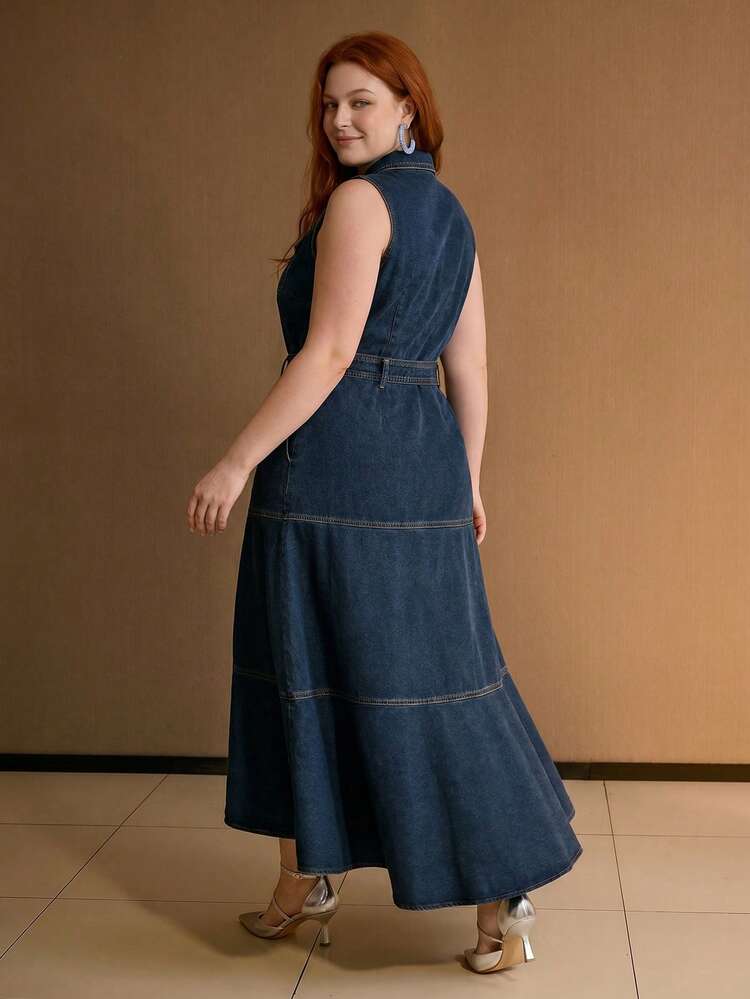PLUS SIZE WOMEN DAILY CASUAL/DATE ASYMMETRICAL HEM SLEEVELESS DENIM DRESS, SPRING/SUMMER