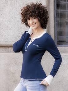Xuxu's by Gio Women Casual Colorblock Half-Button T-Shirt - Navy Blue - View 2
