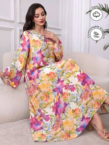 Al Najma Vestido cómodo con cuello de lazo estampado - Multicolor - Ver 2