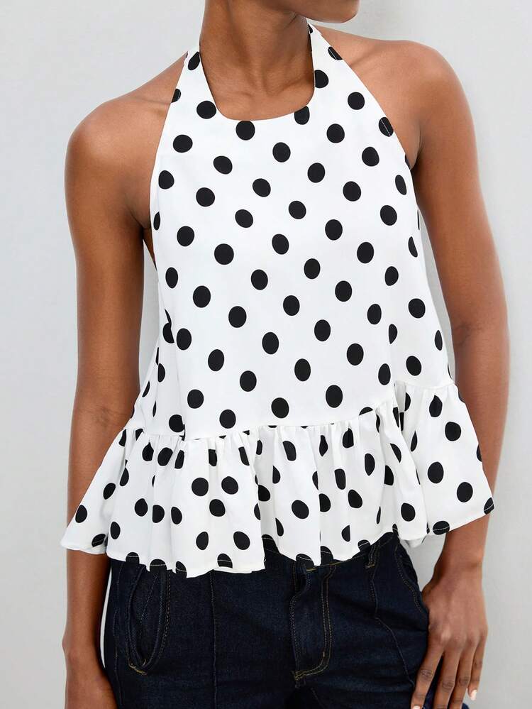 SHEIN Maija White With Black Polka Dots Women's Summmer Chic Halter Neck Backless Ruffle Hem Blouse,Elegant Brunch Party Tea Party Top,Fashionable Urban Style