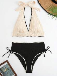 Swim Basics 2件組女款性感螺紋撞色比基尼泳衣套裝 - 彩色 - 查看 3