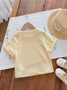 SHEIN LMoss Kids Young Girl Knit Patchwork Woven Hollow Out Raglan Sleeve Fitted T-Shirt - Mustard Yellow - View 2