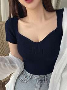 DAZY Solid Sweetheart Neck Ribbed Knit Top Cute Tops - Navy Blue - View 6