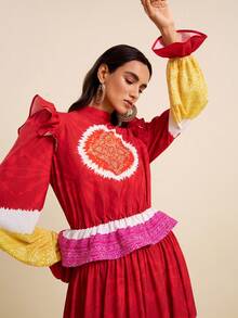 LOTSLUV Blusa corta de manga larga con cuello alto, cintura ceñida y volantes, con estampado de rojo, amarillo y rosa, para vacaciones de primavera/verano de mujer - Rojo - Ver 5