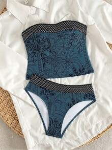 Swim Lushoire Nuevo 2026 Top de bikini corto con tirantes finos, estampado tropical de árbol de coco, cintura alta, sin tirantes y sin espalda, para mujer, para playa y casual de verano - Agua verde azul - Ver 3