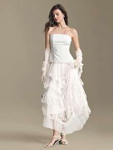 Ontre 2026 Women's Off-White Autumn Elegant Party Multi-Layer Ruffle Hem Mesh Patchwork Date Night Skirt,Cruise Attire Wedding Guest Dress,Old Money Style - White - View 6