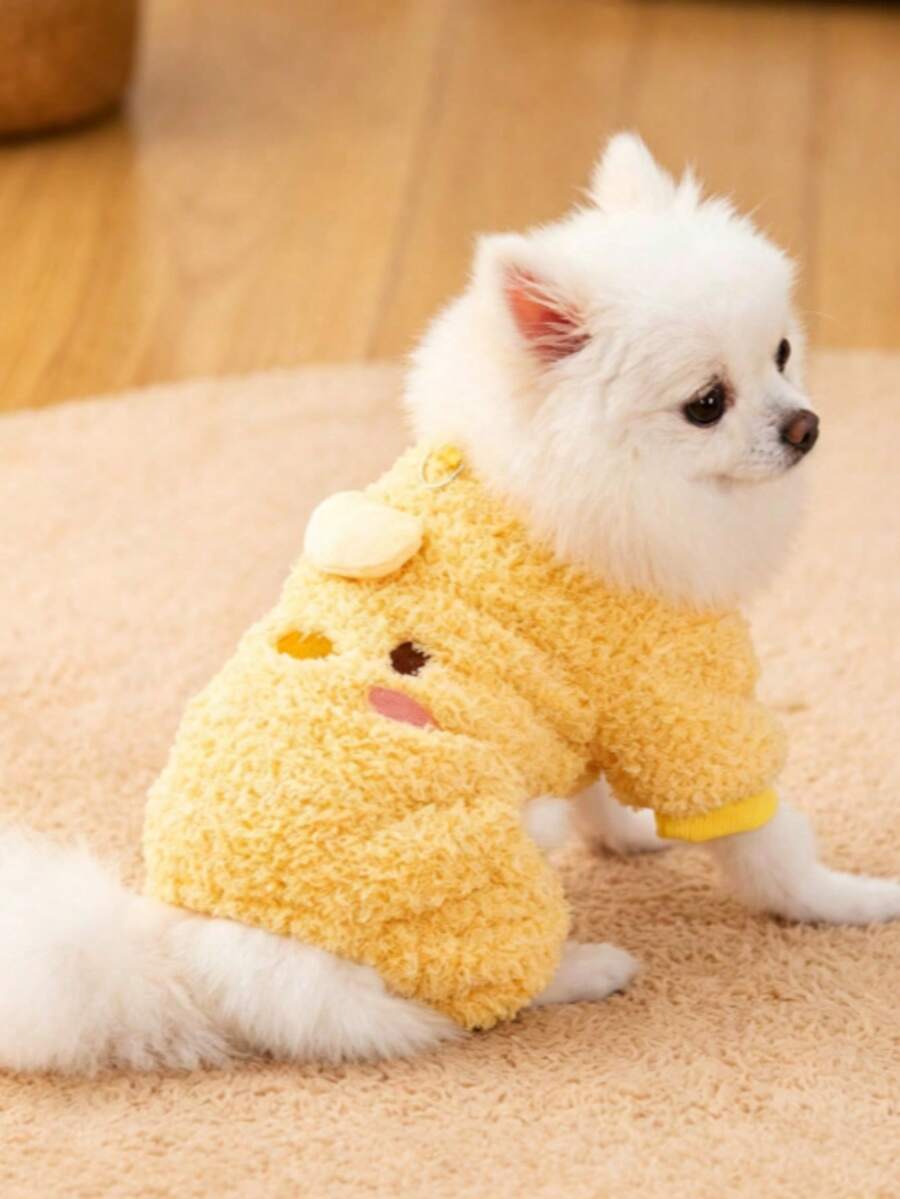 1 Bộ Quần Áo Cho Thú Cưng: Một bộ quần áo cho chó và mèo, bao gồm 1 áo khoác có dây đeo lót lông cừu mùa thu và mùa đông cho cả bốn chân. Hình ảnh chú gà con hoạt hình dễ thương kết hợp với phụ kiện mũ hình gà con càng làm tăng thêm vẻ đáng yêu. Áo có khóa cài, được làm từ chất liệu mềm mại, giúp giữ ấm khi ra ngoài, đảm bảo thú cưng sẽ không bị lạnh. - Màu vàng - Xem 1