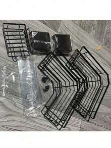 Stainless Steel Bathroom Storage Rack Set, Corner Shower Caddy, Wall Mounted Adhesive Shower Organizer, Shower Gel Shampoo Soap Holder Home Bathroom Decor Bathroom Accessories Bathroom Organizer Fall Decor Back To School - Black - View 6