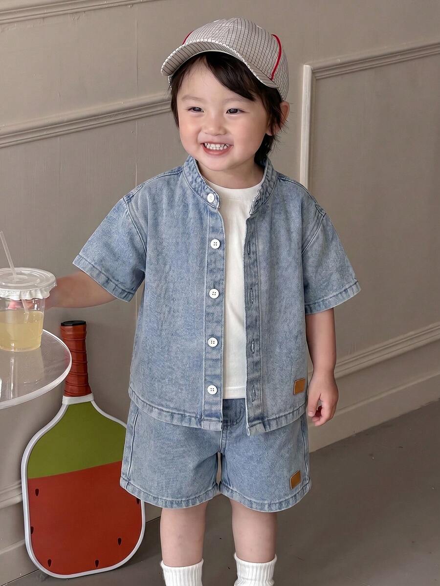 SHEIN 2pcs Baby Boy Denim Short Sleeve Shirt And Shorts Set - Light Wash - View 1