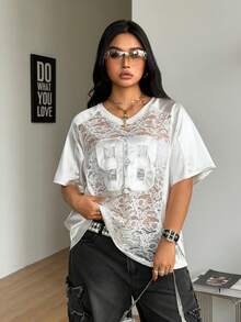 Coolane 女款大尺碼夏秋街頭風外出海灘 Y2K Gyaru 賽事日蕾絲數字圖案拼接寬鬆白色球衣 T-shirt - 白色 - 查看 3