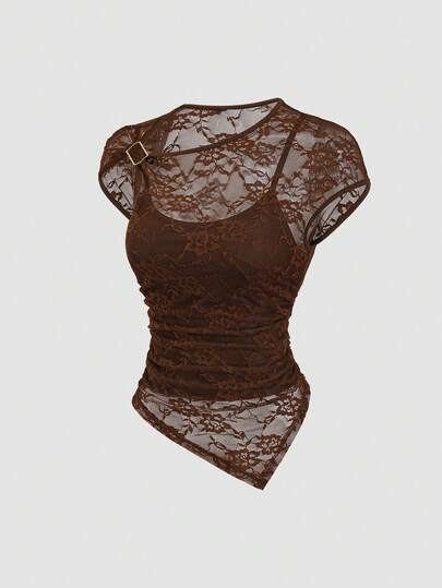 Sweetra Top asimétrico con hombro sexy, textura y botones metálicos para vacaciones