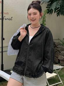 Dazy Plus 连帽长袖宽松纹理面料蕾丝拼接休闲度假风常规外套，大码女款，春夏款 - 黑色 - 查看 6