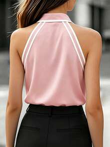 SHEIN Clasi Áo kiểu nữ không tay in họa tiết, có cổ, ôm eo, phong cách tối giản thường ngày, thích hợp cho kỳ nghỉ hoặc công sở, màu đen trắng. - Màu Hồng baby - Xem 2
