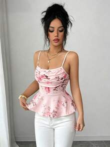 SHEIN Elenzya Mejor vendido Parte superior de camisola con estampado de rosas, tirantes finos, cintura fruncida y bajo acampanado, ideal para vacaciones de verano - Rosa - Ver 6