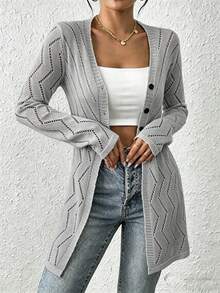 EMERY ROSE Cárdigan de punto fino con escote en V y calado, diseño coreano para mujer - Gris - Ver 5
