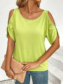 EMERY ROSE 女款純色露肩休閒性感百搭日常穿搭 T-shirt 高爾夫萊姆綠 夏季早午餐 - 橄欖綠 - 查看 4