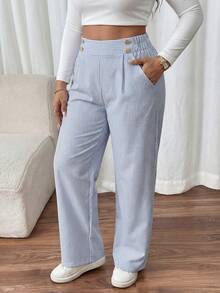 SHEIN PETITE CURVE 大码女士直筒优雅办公裤，女士休闲裤，大码裤装，蓝色条纹高腰裤，大码裤装 - 藍色 - 查看 6