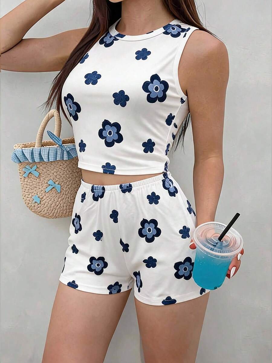 Soleia Set de 2 piezas con top corto bandeau de punto texturizado rojo y blanco con lazo y shorts de cintura elástica para mujer - Multicolor - Ver 1