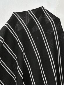 SHEIN Essnce 大码女装春夏时尚休闲宽松舒适日常透视紫红色条纹短袖露肩上衣，夏季穿搭，简约风格，外出上衣，棕色上衣，度假服饰，欧洲夏季 - 黑色 - 查看 7