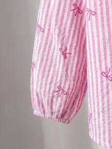 SHEIN LMoss Kids LMoss 女童宽松条纹翻领休闲衬衫 - 粉色 - 查看 4