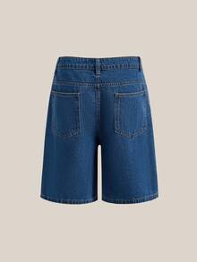 VeloEdit 男士灰色做舊牛仔寬鬆短褲 Jorts，純色深色水洗，附口袋、拉鍊與鈕扣，老錢風與男友風，夏季穿搭短褲 - 深色水洗藍 - 查看 2