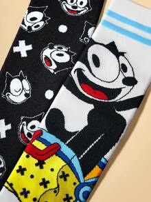 SHEIN Felix The Cat 2 Pairs Soft & Breathable Moisture-Wicking Casual Mid-Calf Socks With Cat Pattern Fashionable Cute Cartoon Cat Black & White Crew Socks Reinforced Toe & Heel For Durability Unisex For Men & Women All Season All-Match Summer Winter,Graphics Socks - 彩色 - 查看 3